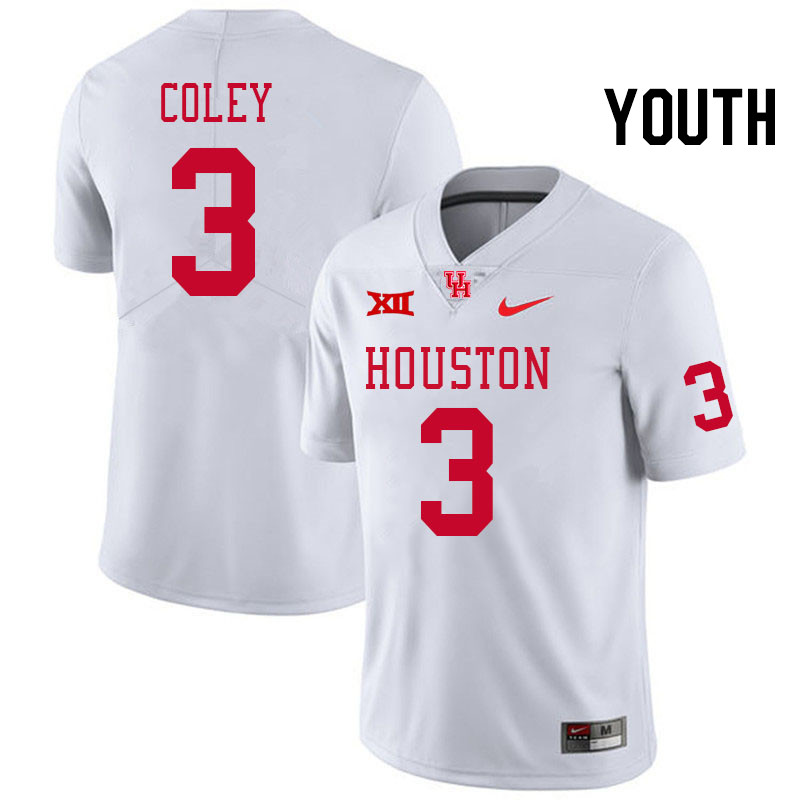 Youth #3 Lucas Coley Houston Cougars Big 12 XII College Football Jerseys Stitched-White